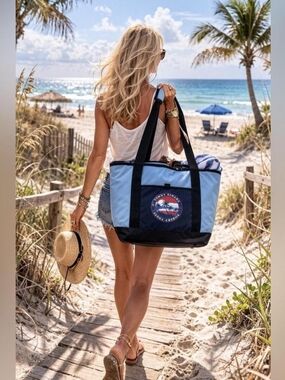 Tommy Bahama.Light Blue Beach Tote Bag with Black Trim - Coastal